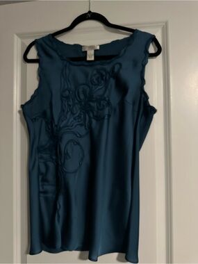 Teal Satin Sleeveless Top with 3D Floral Appliqué Detail